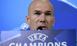 L'entraßneur du Real Madrid, et ancien joueur de la Juventus,  Zinedine Zidane, lors de la conférence de presse d'avant-match, le 2 avril 2018 à Turin