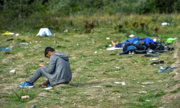 Des migrants se reposent près du port de Calais, dans le nord de la France, le 16 août 2017