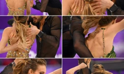 L'encolure de la robe de la Française Gabriella Papadakis (en vert, en haut à gauche) se détache pendant le programme court avec son partenaire Guillaume Cizeron, aux JO de Pyeongchang le 19 février 2018 