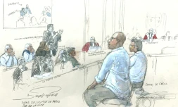 Croquis d'audience du 9 septembre 2026 montrant les militants d'extrême droite Loik Le Priol (2e d) et Romain Bouvier (3e d), au troisième jour de leur procès devant la cour d'assises de Paris pour le meurtre en 2022 du rugbyman international argentin Federico Martin Aramburu