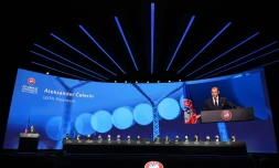 Le président de l'UEFA Aleksander Ceferin s'exprimant devant le congrÚs de l'instance dédié à la Super Ligue, le 20 avril 2021 à Montreux