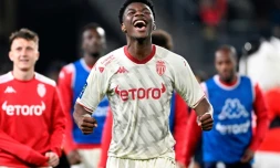 La joie du milieu de terrain de Monaco Aurélien Tchouaméni aprÚs la victoire à Rennes, le 15 avril 2022