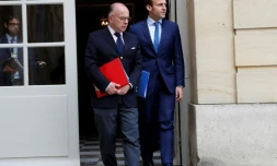 Bernard Cazeneuve, alors ministre de l'Intérieur, en compagnie d'Emmanuel Macron, alors ministre de l'Economie, sur le perron de l'Hôtel Matignon le 28 mai 2017