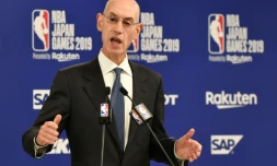 Le patron de la NBA Adam Silver lors d'un point-presse à Tokyo avant le match de présaison entre Toronto et Houston à Saitama, le 8 octobre 2019