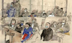 Croquis d'audience du procès de neuf Egyptiens accusés du meurtre en août 2018 de Vanesa Campos, le 11 janvier 2022 à la cour d'assises de Paris