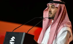 Le Prince Abdulaziz bin Turki AlFaisal Al Saud, président de l'Autorité des sports en Arabie saoudite, lors d'une conférence de presse du Dakar 2020, le 25 avril 2019 à Qiddiya, en banlieue de Ryad