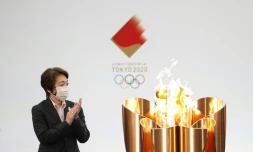 La présidente de Tokyo-2020 Seiko Hashimoto lors de la cérémonie pour le lancement du relais de la flamme olympique à Naraha (Japon) le 25 mars 2021