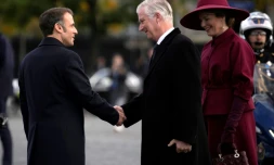 Le président français Emmanuel Macron accueille le roi des Belges Philippe et la reine Mathilde, Paris, le 14 octobre 2024