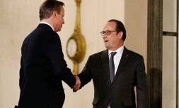 Hollande (D) et Cameron aprÚs leur réunion à l'Elysée le 15 février 2016 à Paris