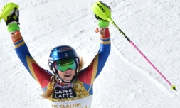 La joie de Mikaela Shiffrin championne du monde du slalom, le 18 février 2017 à Saint-Moritz