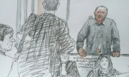 Un croquis d'audience montrant Nicolas Charbonnier (d) devant la cour d'assises du Bas-Rhin à Strasbourg, le 17 mars 2016
