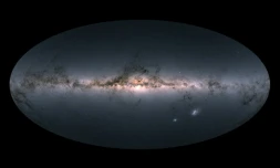 Vue de la Voie lactée et de proches galaxies réalisée par le satellite Gaia à partir de sa mesure de plus d'1,7 milliard d'étoiles, et fournie par l'Agence spatiale européenne le 25 avril 2018 