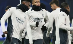 Kylian Mbappé, à Guinguamp avec le Real Madrid avant le match contre Brest, à l'entraînement le 28 janvier 2025.