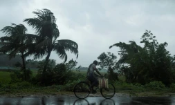 Un homme à vélo sous la pluie, avant l'arrivée du cyclone Amphan, le 20 mai 2020 à Midhapore, en Inde