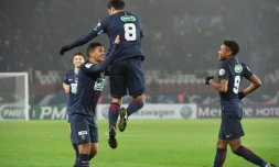 Thiago Motta (N.8) fête son but pour le PSG face à Bastia en Coupe de France, le 7 janvier 2017 au Parc des Princes