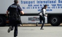 Un policier poursuit un jeune homme suspecté d'être un migrant, dans les environs de Calais le 5 juillet 2017