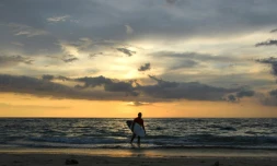Survivant du tsunami du 26 décembre 2004, l'Indonésien Dery Setyawan porte sa planche après avoir fait du surf sur la plage de Lhoknga, le 9 décembre 2019