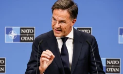 Le secrétaire général de l'Otan Mark Rutte s'expirme lors d'une conférence de presse à Bruxelles le 16 octobre 2024