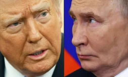 Combinaison de photos faite le 12 février 2025 de Vladimir Poutine à Moscou le 17 janvier 2025 et de Donald Trump à Washington le 11 février 2025 