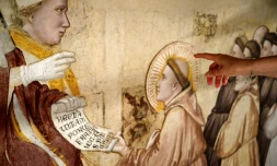 Une fresque du XIVe siècle de Giotto lors d'une visite de presse marquant la fin des travaux de restauration dans la basilique Santa Croce à Florence, le 12 juin 2026 en Italie