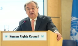Le secrétaire général de l'ONU Antonio Guterres devant le Conseil des droits de l'homme, le 26 février 2018 à Genève