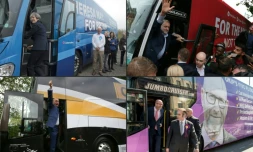 La Première ministre Theresa May, le leader du Parti travailliste Jeremy Corbyn, le leader de Ukip Paul Nuttall et le candidat Peter Oakley, dans leurs bus respectifs lors de la campagne pour les législatives en Grande-Bretagne