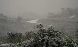 L'ßle de Saint-Vincent recouverte d'un épais manteau de cendres aprÚs l'éruption du volcan La SoufriÚre, le 10 avril 2021