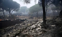 Des bateaux fondus sont visibles au barrage de San Juan après qu'un incendie de forêt a ravagé la région, à 65 kilomètres au sud-ouest de Madrid, le 28 juillet 2026
