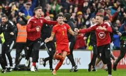 Explosion de joie pour les Gallois qualifiés pour le Mondial après leur victoire en barrage contre l'Ukraine à Cardiff, le 5 juin 2022 