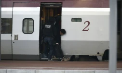 Des policiers arrêtent un homme qui s'était enfermé dans les toilettes d'un Thalys en gare de Rotterdam, le 18 septembre 2015 aux Pays-Bas
