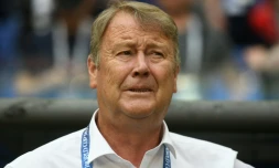 Le sélectionneur danois  Age Hareide lors du match contre l'Australie, le 21 juin 2018 à Samara