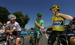 Thomas De Gendt (g), Peter Sagan et Cristopher Froome, avant le départ de la 16e étape du Tour de France, le 17 juillet 2016 à Bourg-en-Bresse