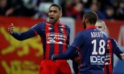 L'attaquant de Caen Sylvio Ronny Rodelin (g) auteur de l'unique but face à Nancy, le 21 février 2017 à Caen 