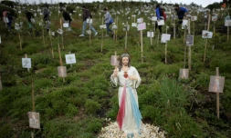 En Colombie, des proches de victimes du coronavirus dispersent leurs cendres dans un trou avant d'y planter un arbre dans la réserve naturelle de Paramo de Guerrero, près de Bogota, le 21 juin 2021