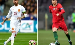 Combophoto datant du 14 juin 2018, représentant les capitaines du Portugal, Cristiano Ronaldo (d), et de l'Espagne, Sergio Ramos