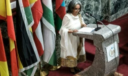 La nouvelle présidente de l'Ethiopie Sahle-Work Zewde lors de son discours d'investiture devant le Parlement, le 25 octobre 2018 à Addis Abeba