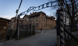 Une entrée du camp avec l'inscription "Arbeit macht frei" (Le travail rend libre), le 26 janvier 2025 à Oswiecim en Pologne