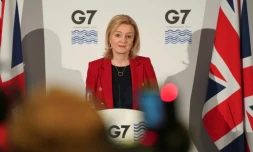 la cheffe de la diplomatie britannique Liz Truss lors d'une conférence de presse au terme d'une réunion du G7, le 12 décembre 2021 à Liverpool, au Royaume-Uni