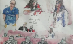 Croquis d'audience montrant le principal accusé de l'affaire Troadec Hubert Caouissin (g) et sa co-accusée Lydie Troadec (d) ainsi que d'autres protagonistes du procès qui s'est ouvert devant la cour d'assises à Nantes, le 22 juin 2021