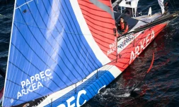 Le navigateur Yoann Richomme (Paprec Arkéa) à bord de son Imoca, le 10 novembre 2024 aux Sables-d'Olonne (Vendée)