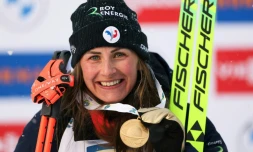 La Française Justine Braisaz-Bouchet sacrée en sprint aux Mondiaux de biathlon, le 14 février 2025 à Lenzerheide