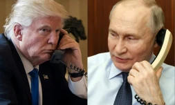 Montage réalisé le 18 mars 2025 avec les photos de Donald Trump (à gauche) au téléphone le 28 janvier 2017 à Washington et de Vladimir Poutine (à droite) le 27 décembre 2023 à Moscou