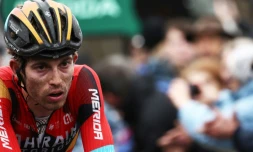 Le Suisse Gino Mäder à l'arrivée de la 4e étape de la course Paris-Nice le 8 mars 2023 à La Loge des Gardes. Le coureur est mort le 16 juin 2023 après avoir été victime d'une grave chute la veille dans le final de la 5e étape du Tour de Suisse