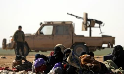 Des civils ayant fui les combats contre le groupe Etat islamique (EI) dans son ultime réduit de Syrie, et derrière eux un combattant des Forces démocratiques syriennes (SDF), près du village de Baghouz, le 3 février 2019