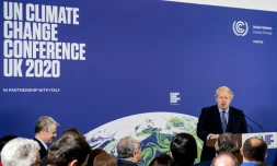 Le Premier ministre britannique Boris Johnson parle lors de la présentation de la COP26, le 4 février 2020 à Londres