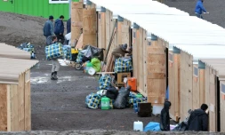 Des migrants et des réfugiés arrivent dans le premier camp français aux normes internationales à Grande-Synthe, dans le Nord, le 7 mars 2016