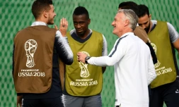 Le sélectionneur français Didier Deschamps lors d'une séance d'entraînement à Moscou le 14 juillet veille de la finale du Mondial face à la Croatie