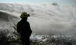 Les pompiers éteignent des cendres chaudes à côté d'Albas, dans le massif des Corbières, le 9 août