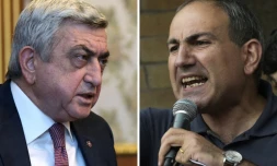 A gauche, l'ex-président et nouveau Premier ministre Serge Sarkissian, le 4 mars 2016, et à droite le leader de la contestation Nikol Pashinian, le 22 juillet 2016