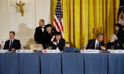 Le Premier ministre britannique David Cameron, le président chinois Xi Jinping, le président américain Barack Obama et le Premier ministre indien Narendra Modi lors d'un dîner de travail à la Maison Blanche à Washington, le 31 mars 2016